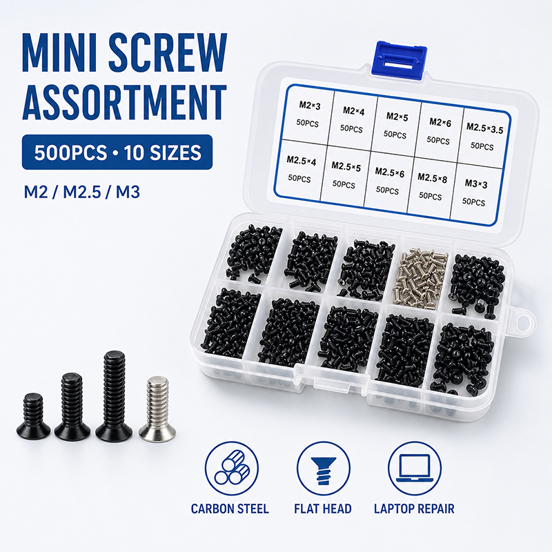 Electronics Repair Book - 500個入りボックス入りM2 M2.5 M3皿頭プラスネジ詰め合わせセット、カーボンスチール製修理キット、ノートパソコン、コンピューター、PC用